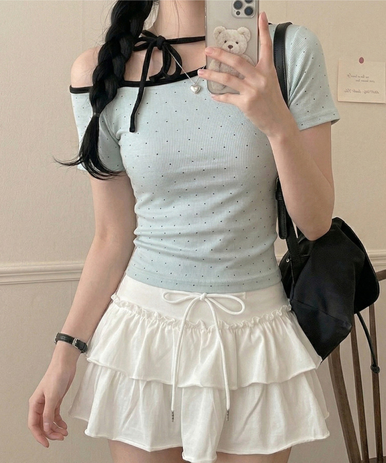 ドットオフショルダー半袖Tシャツ SKY BLUE