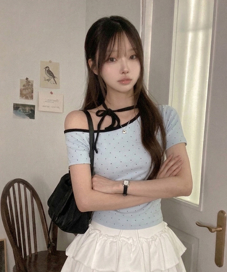ドットオフショルダー半袖Tシャツ SKY BLUE
