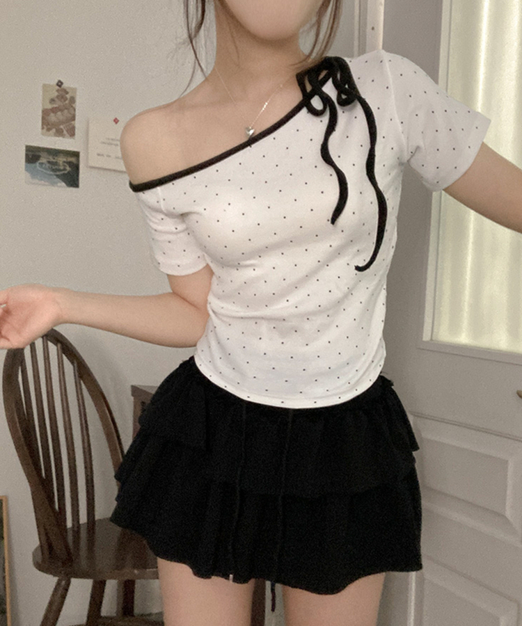 ドットオフショルダー半袖Tシャツ WHITE