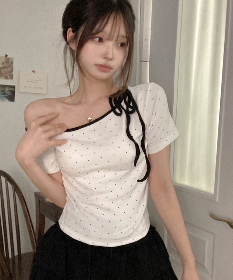 ドットオフショルダー半袖Tシャツ WHITE