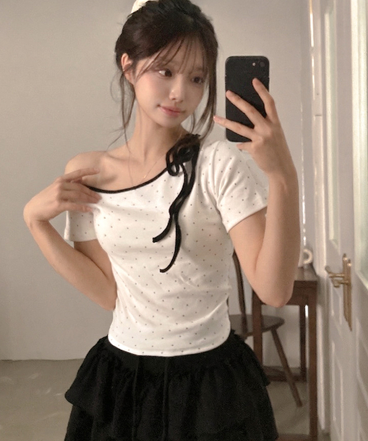 ドットオフショルダー半袖Tシャツ WHITE