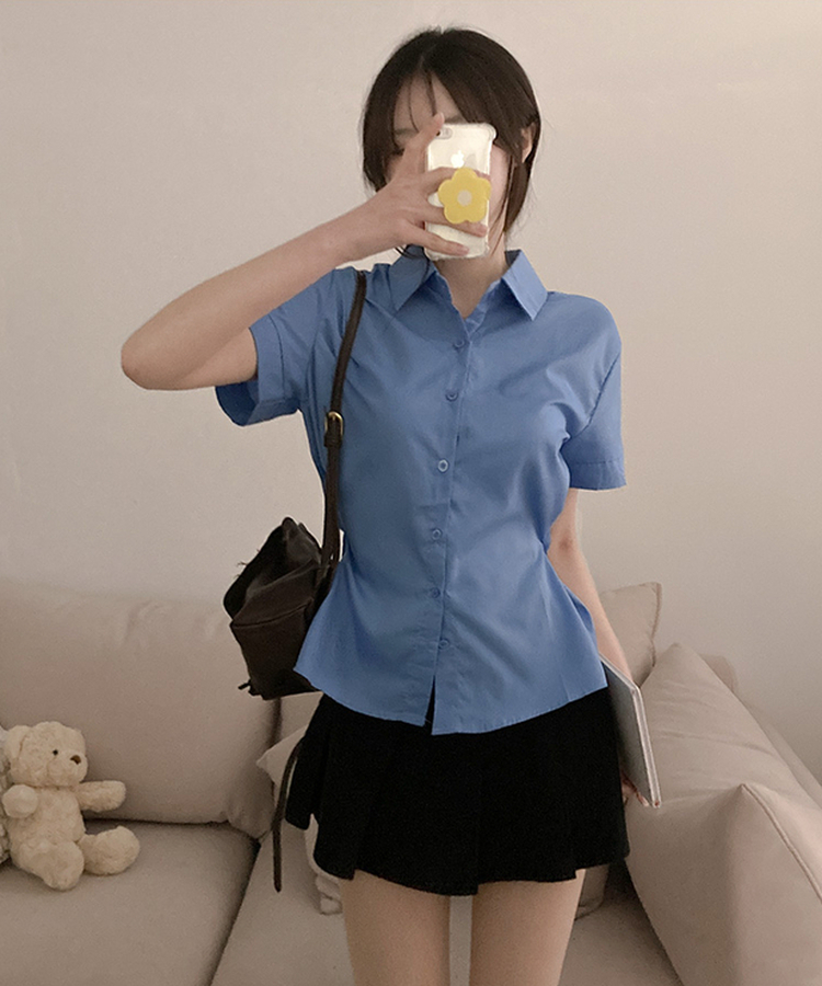 サイドスナップ半袖シャツブラウス SKY BLUE