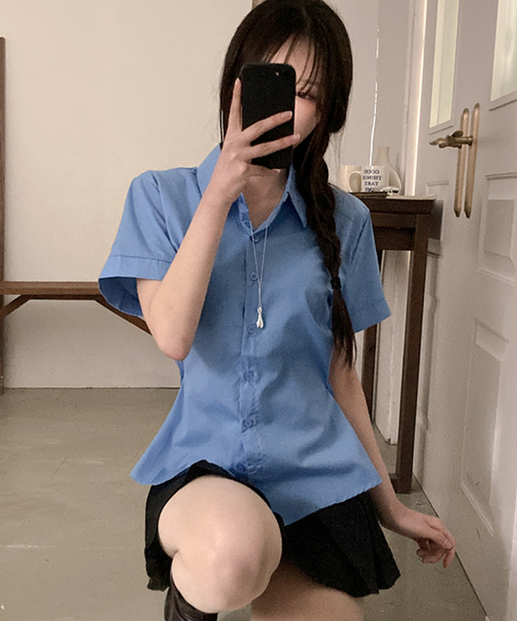 サイドスナップ半袖シャツブラウス SKY BLUE