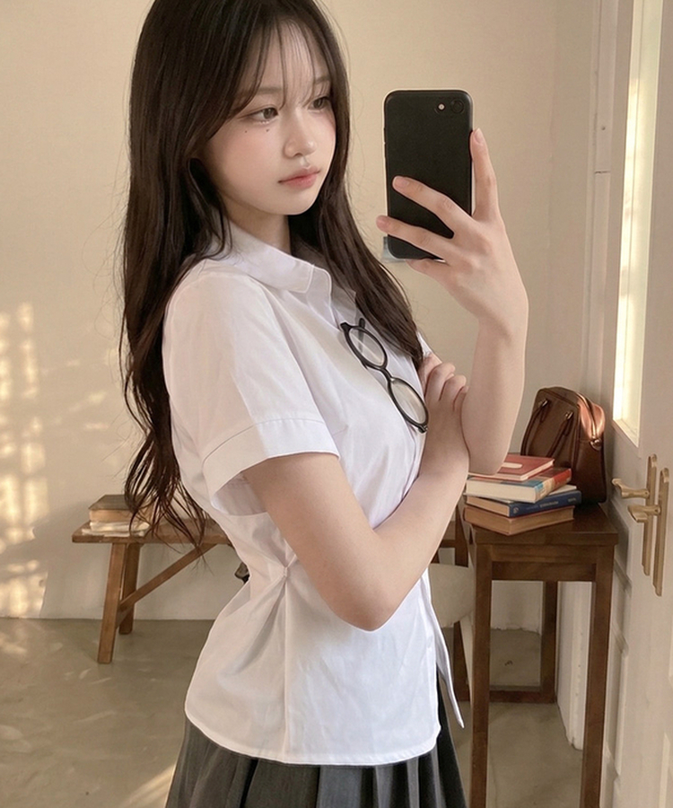 サイドスナップ半袖シャツブラウス WHITE