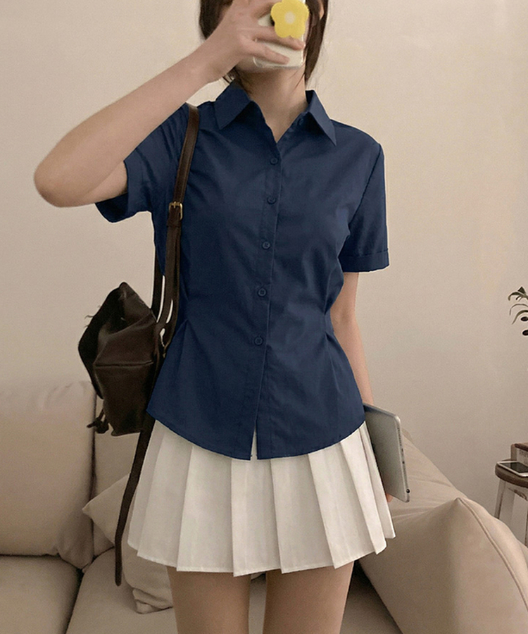 サイドスナップ半袖シャツブラウス NAVY