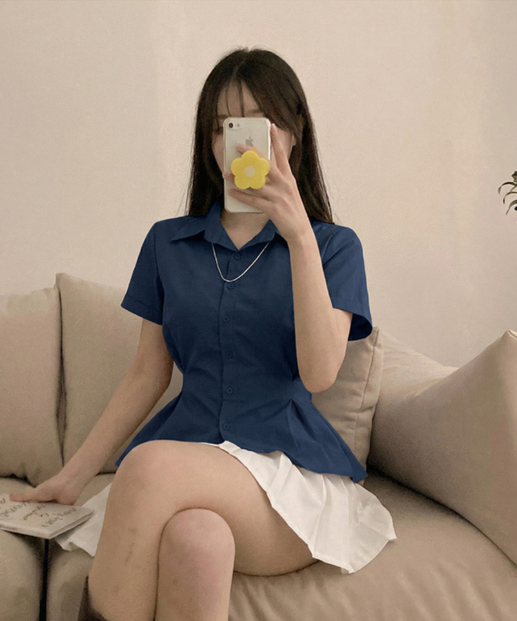 サイドスナップ半袖シャツブラウス NAVY