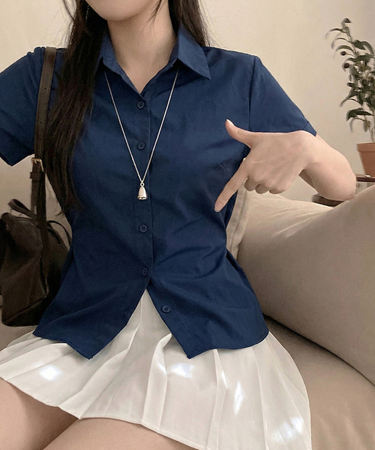 サイドスナップ半袖シャツブラウス NAVY