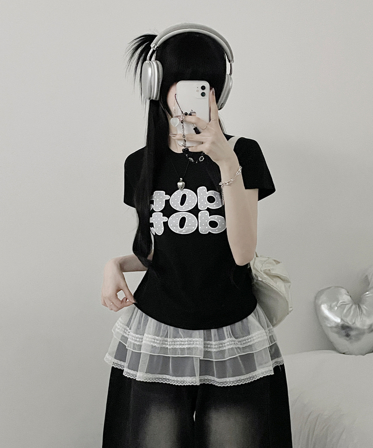 dotレタリングプリント半袖Tシャツ BLACK