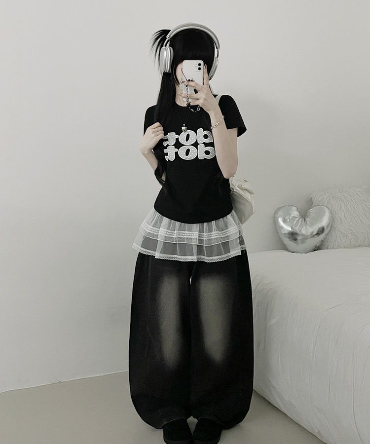 dotレタリングプリント半袖Tシャツ BLACK