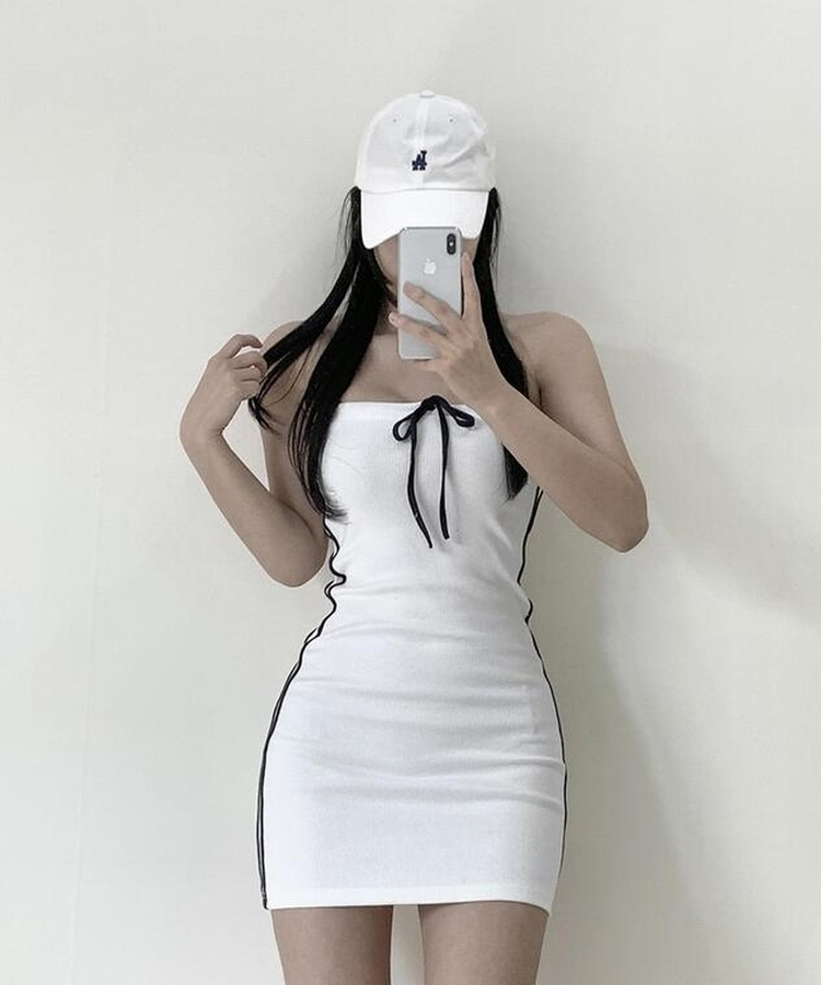 バイカラーリボンミニワンピース WHITE