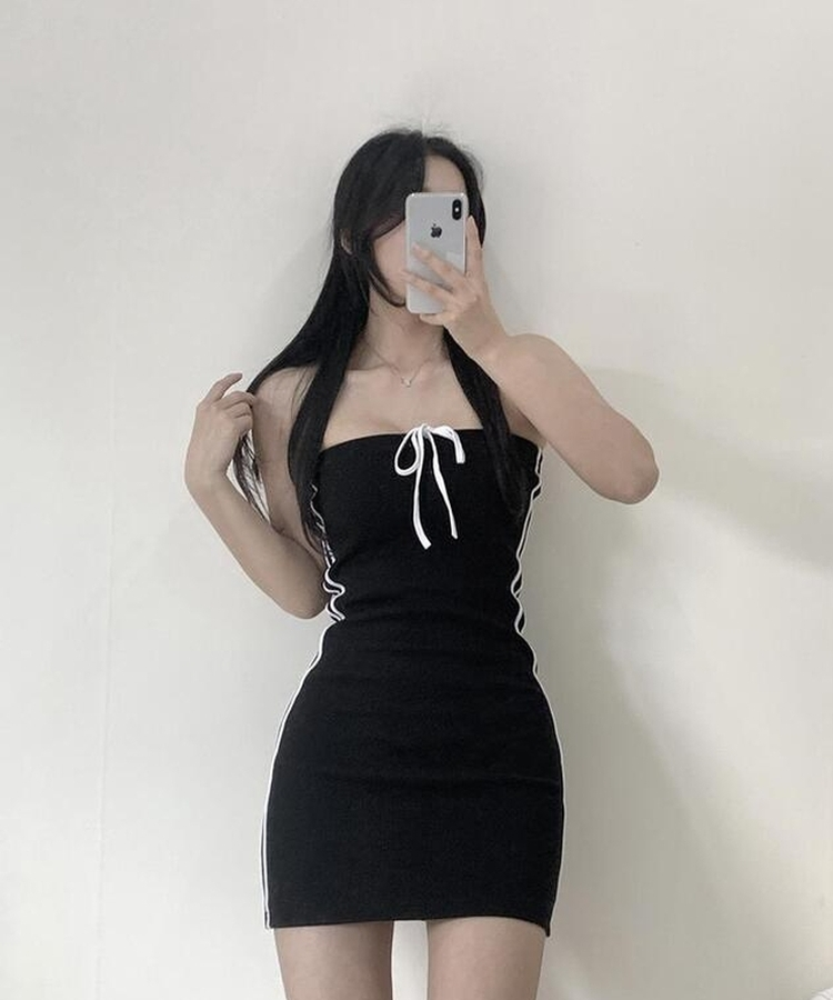 バイカラーリボンミニワンピース BLACK