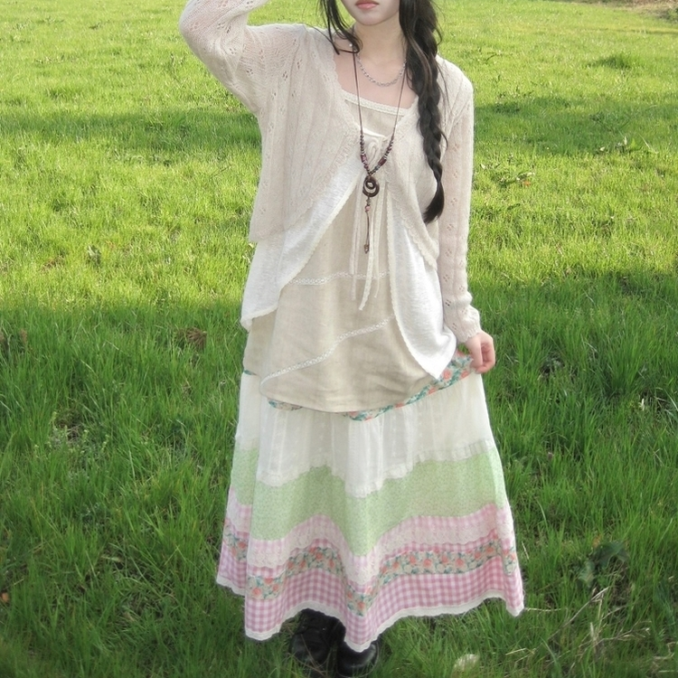 バンディングボヘミアンロングスカート PINK+WHITE