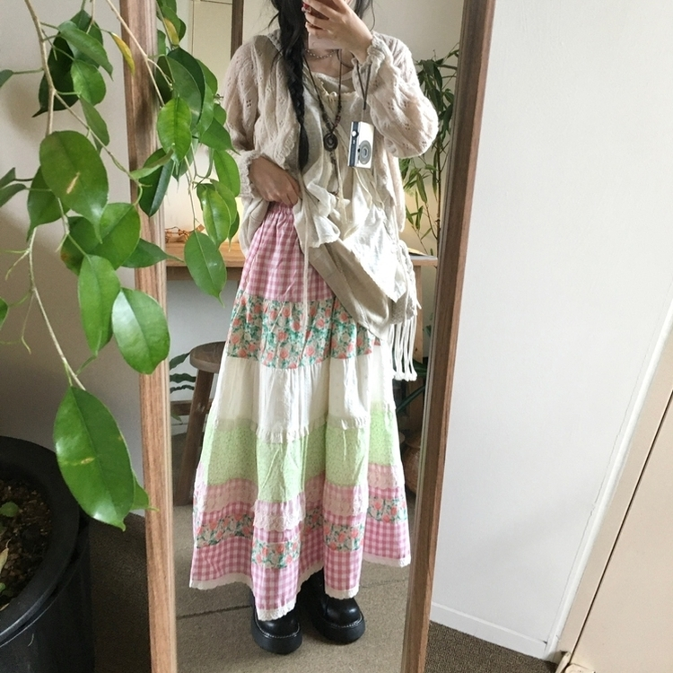 バンディングボヘミアンロングスカート PINK+WHITE