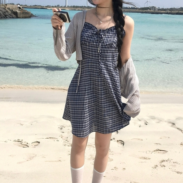 リボンチェックキャミソールミニワンピース DARK BLUE