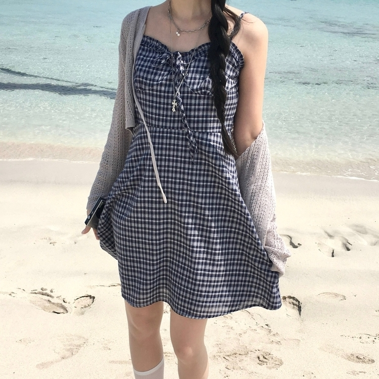 リボンチェックキャミソールミニワンピース DARK BLUE