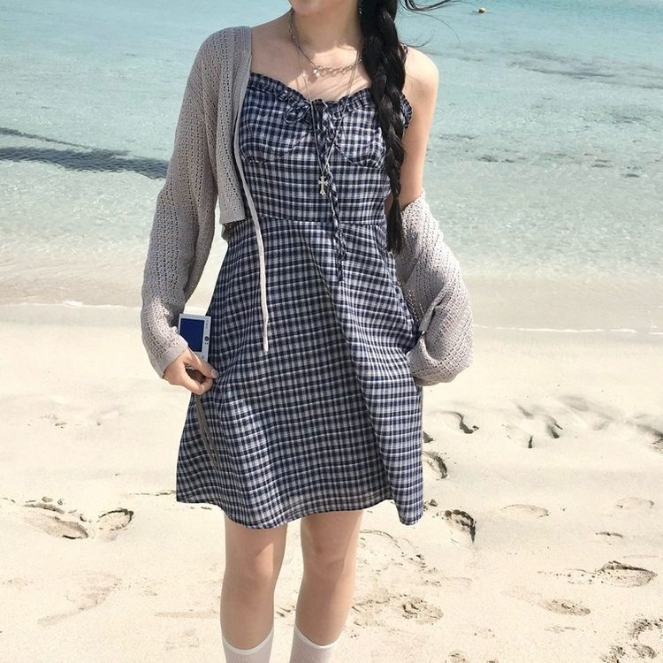 リボンチェックキャミソールミニワンピース DARK BLUE