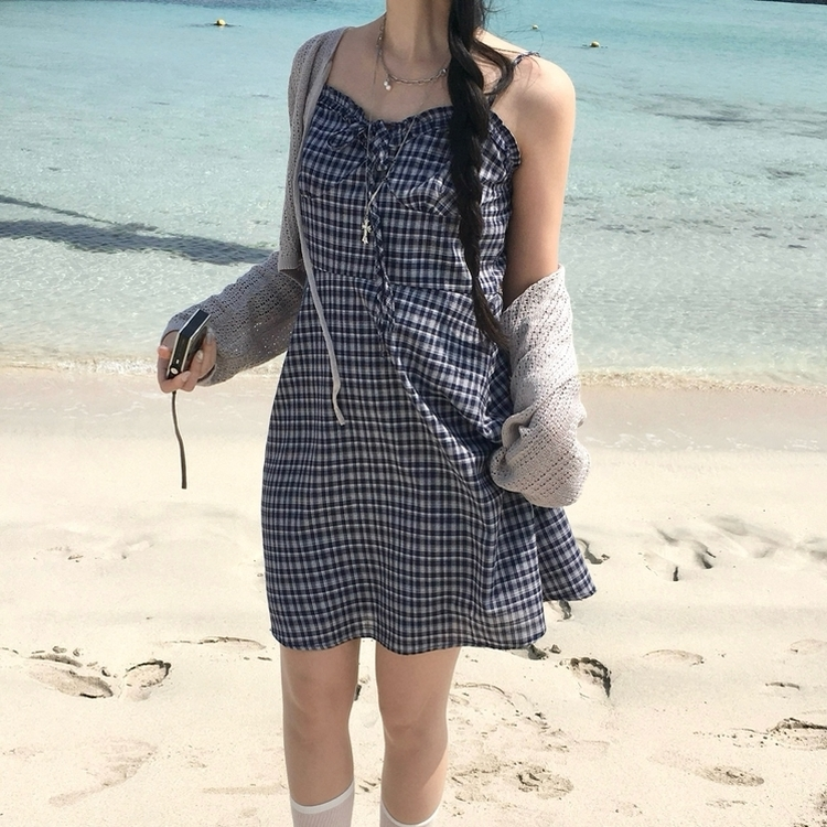 リボンチェックキャミソールミニワンピース DARK BLUE