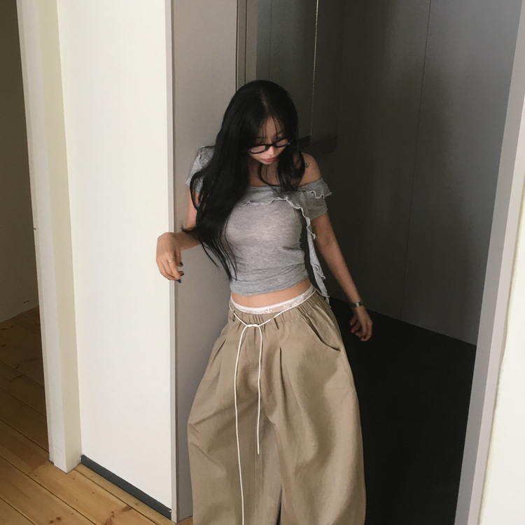 半袖フリルユニークデイリーTシャツ GREY