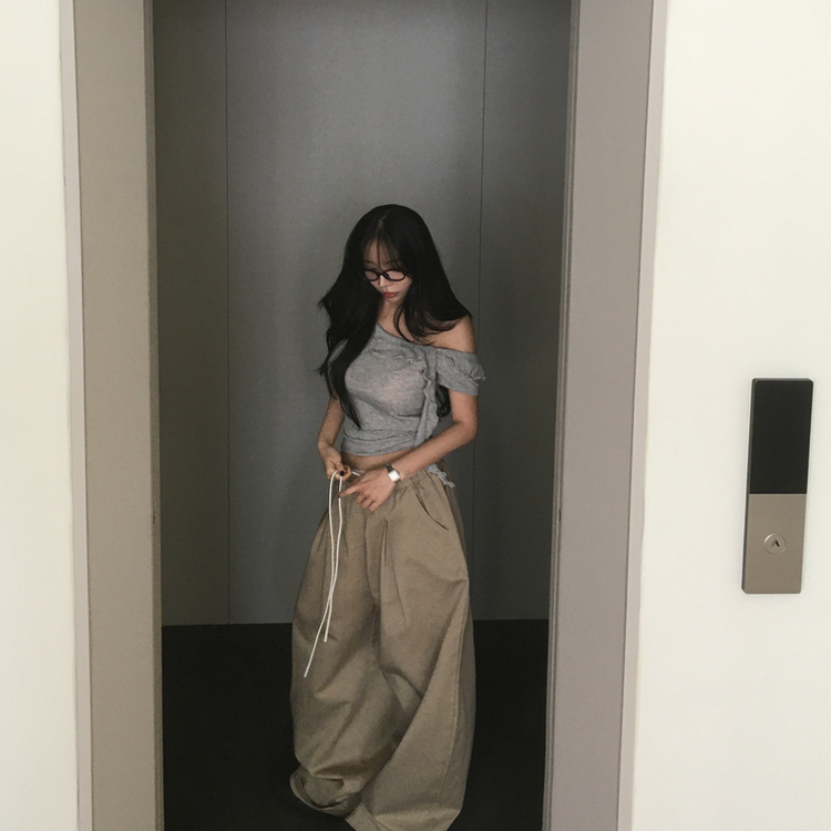 半袖フリルユニークデイリーTシャツ GREY