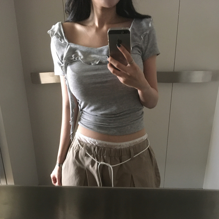 半袖フリルユニークデイリーTシャツ GREY