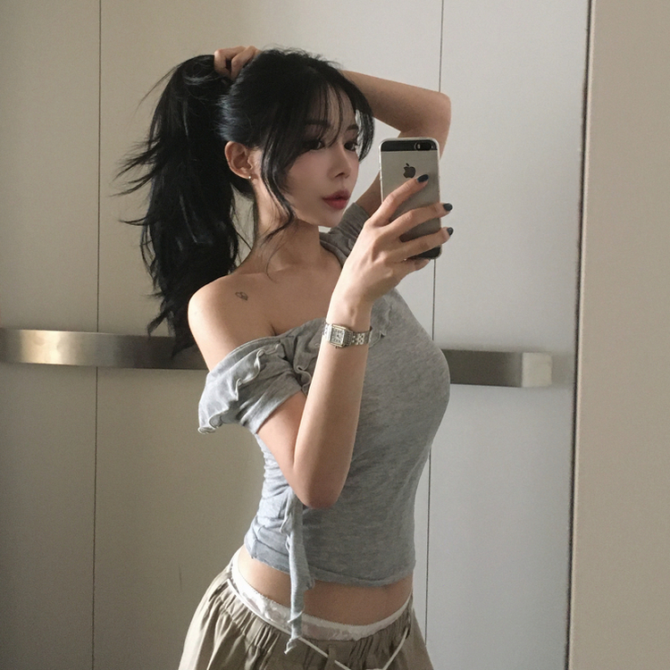 半袖フリルユニークデイリーTシャツ GREY