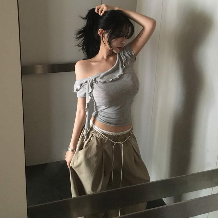 半袖フリルユニークデイリーTシャツ GREY