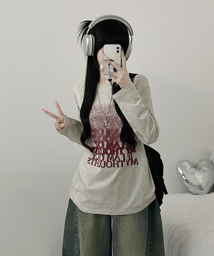 グラデーションレタリング長袖Tシャツ OATMEAL