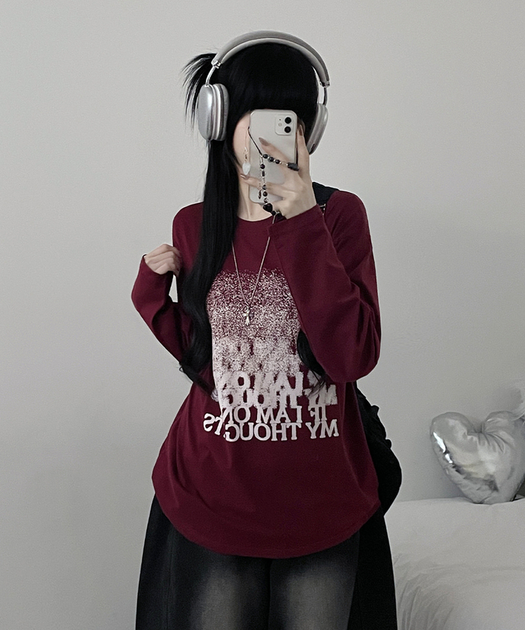 グラデーションレタリング長袖Tシャツ WINE