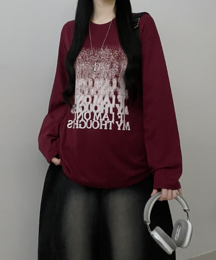 グラデーションレタリング長袖Tシャツ WINE