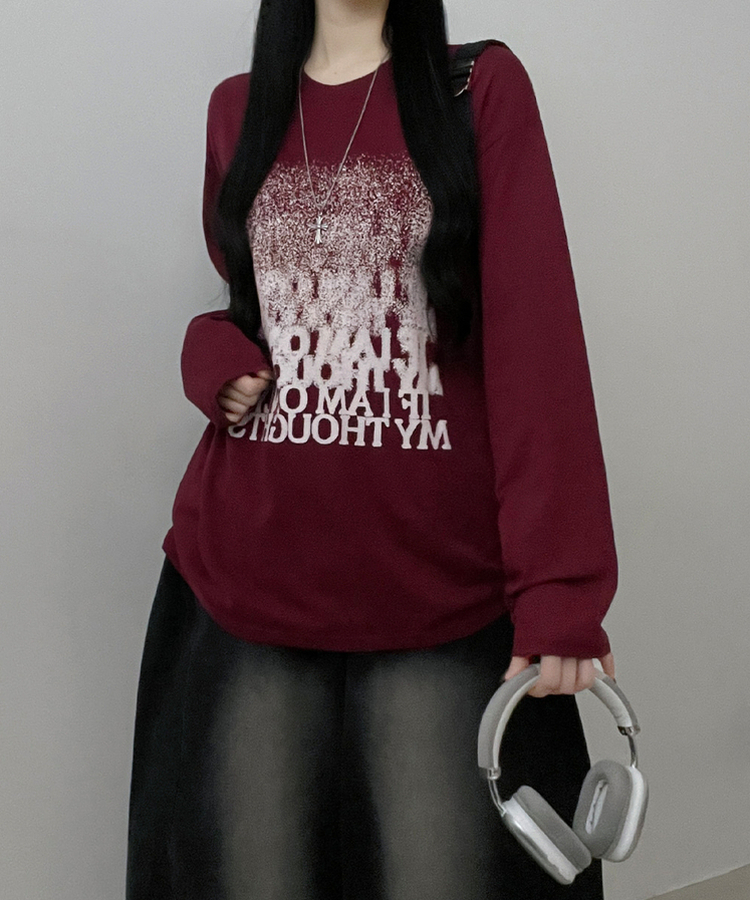 グラデーションレタリング長袖Tシャツ WINE