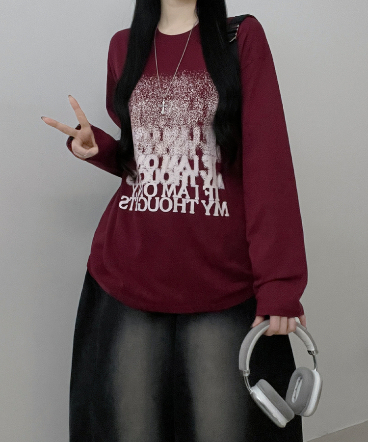 グラデーションレタリング長袖Tシャツ WINE