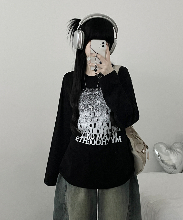 グラデーションレタリング長袖Tシャツ BLACK