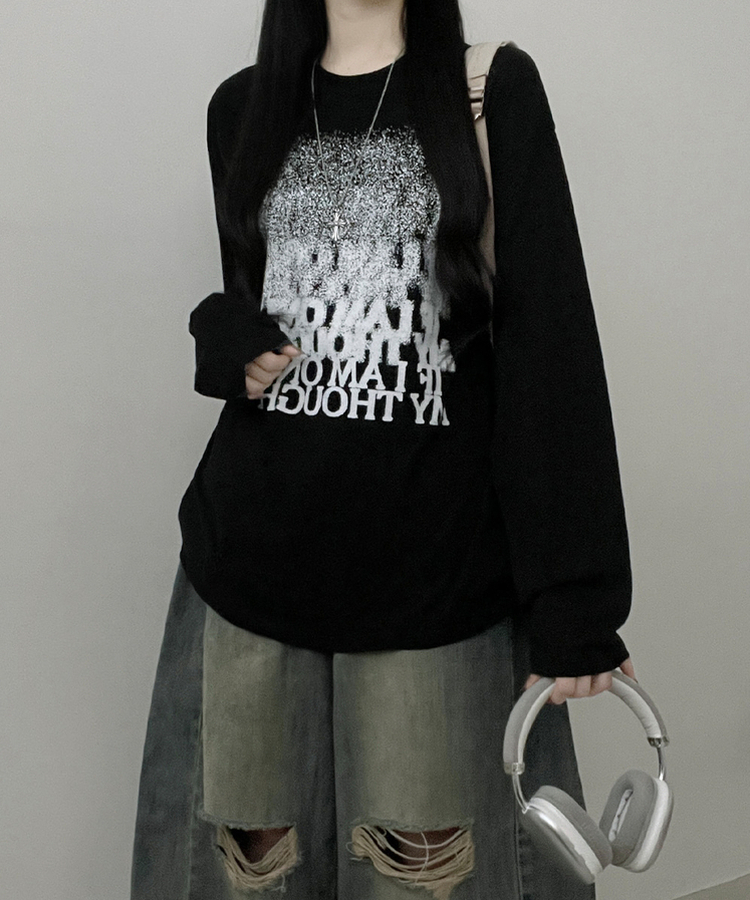 グラデーションレタリング長袖Tシャツ BLACK