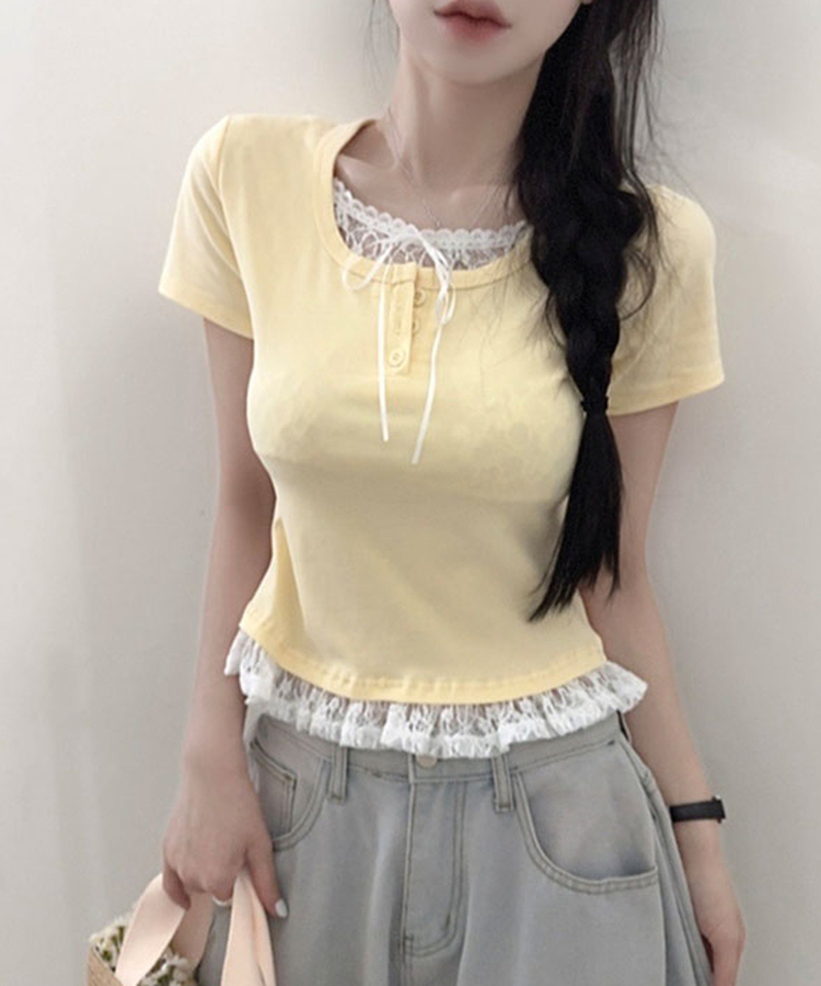 レースリボンレイヤードTシャツ(6color) YELLOW