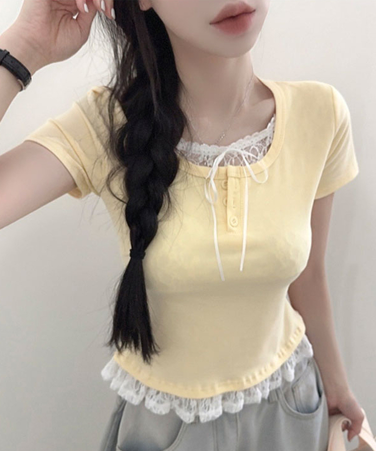 レースリボンレイヤードTシャツ(6color) YELLOW