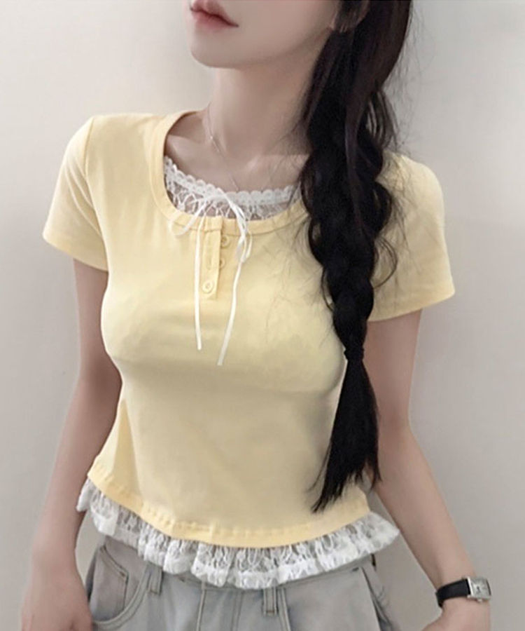 レースリボンレイヤードTシャツ(6color) YELLOW