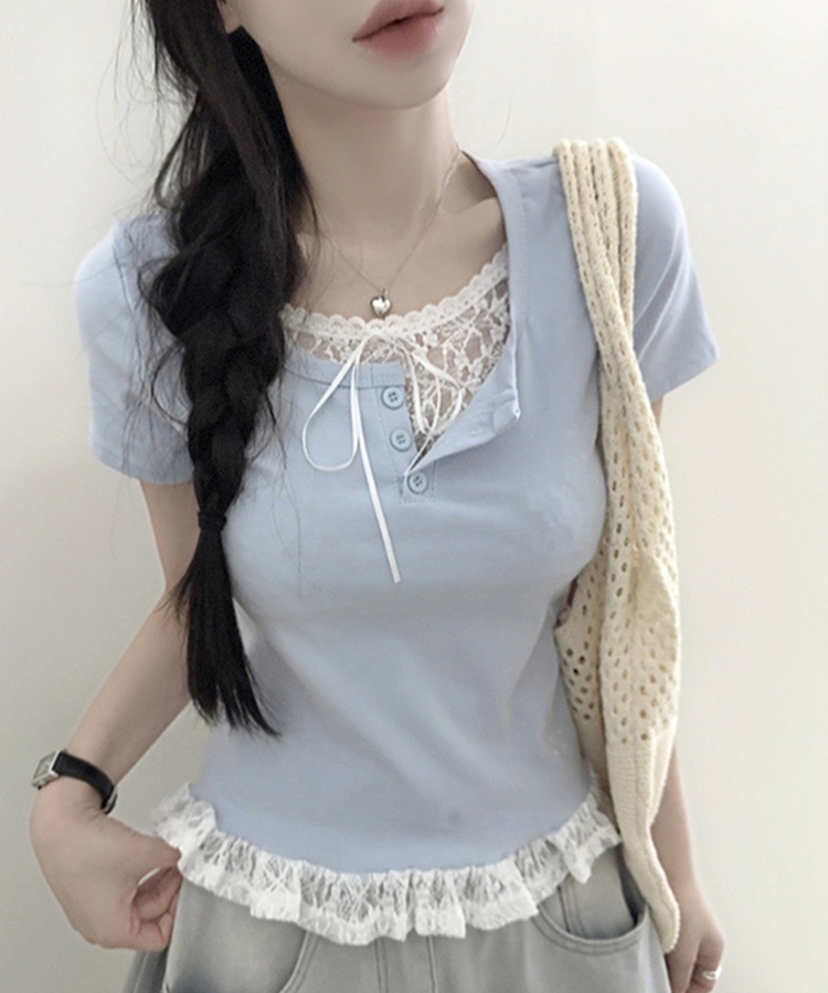 レースリボンレイヤードTシャツ(6color) SKY BLUE