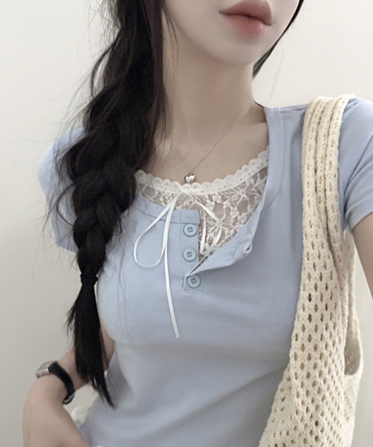 レースリボンレイヤードTシャツ(6color) SKY BLUE