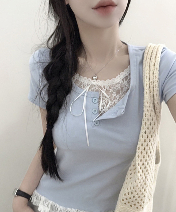 レースリボンレイヤードTシャツ(6color) SKY BLUE