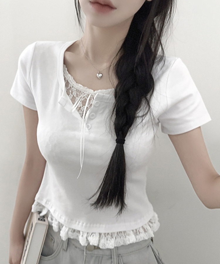 レースリボンレイヤードTシャツ(6color) WHITE