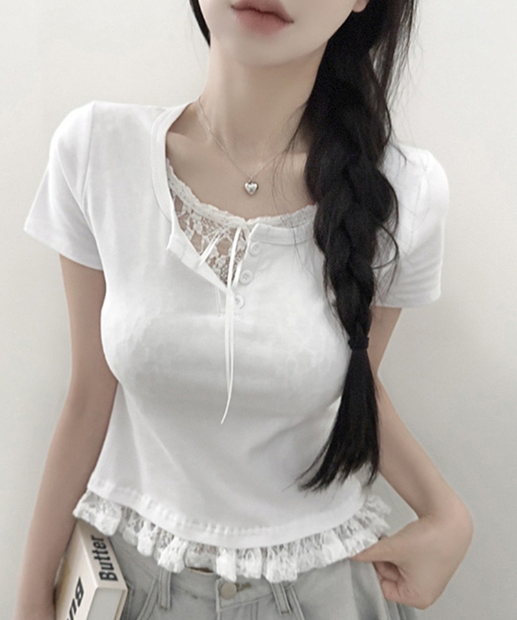 レースリボンレイヤードTシャツ(6color) WHITE