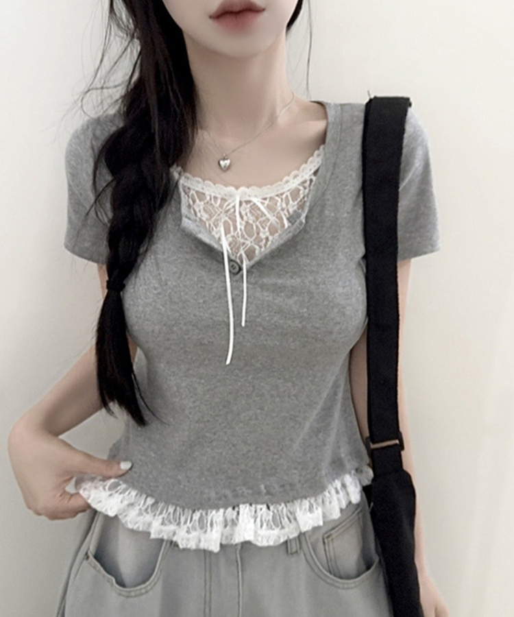 レースリボンレイヤードTシャツ(6color) GREY