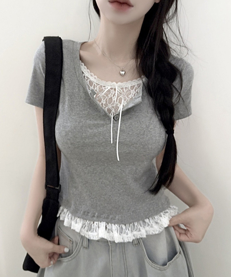 レースリボンレイヤードTシャツ(6color) GREY