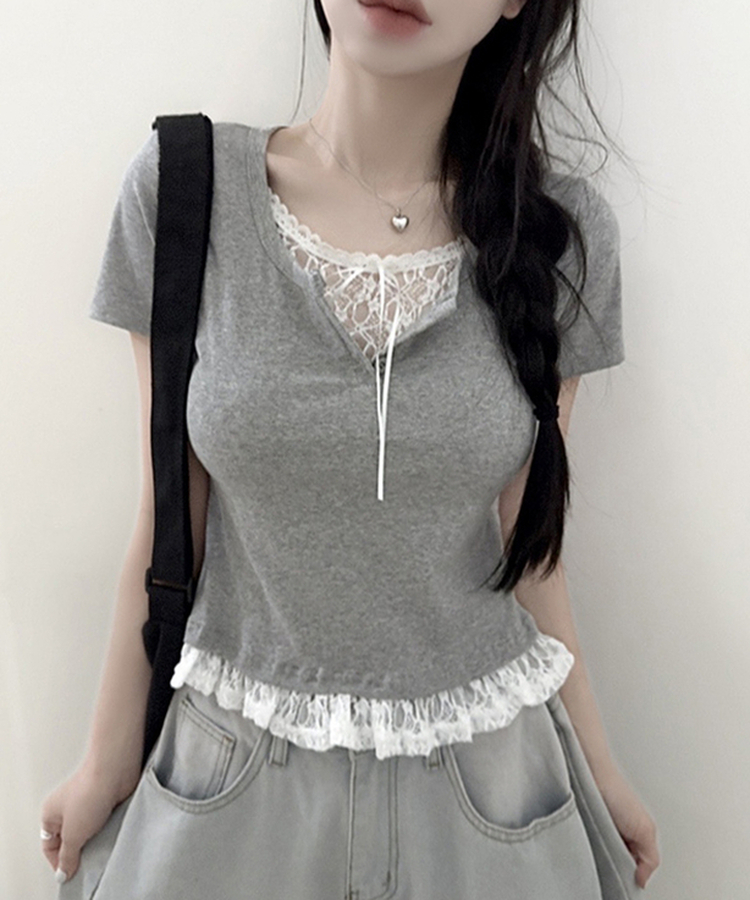 レースリボンレイヤードTシャツ(6color) GREY