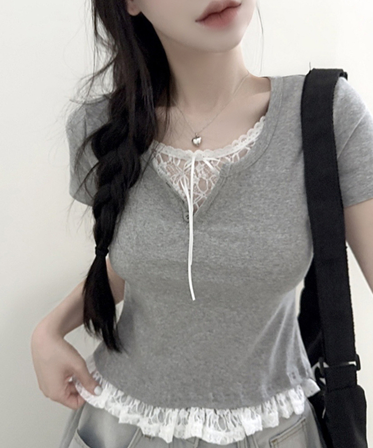 レースリボンレイヤードTシャツ(6color) GREY