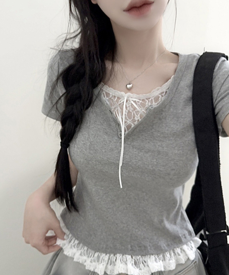 レースリボンレイヤードTシャツ(6color) GREY