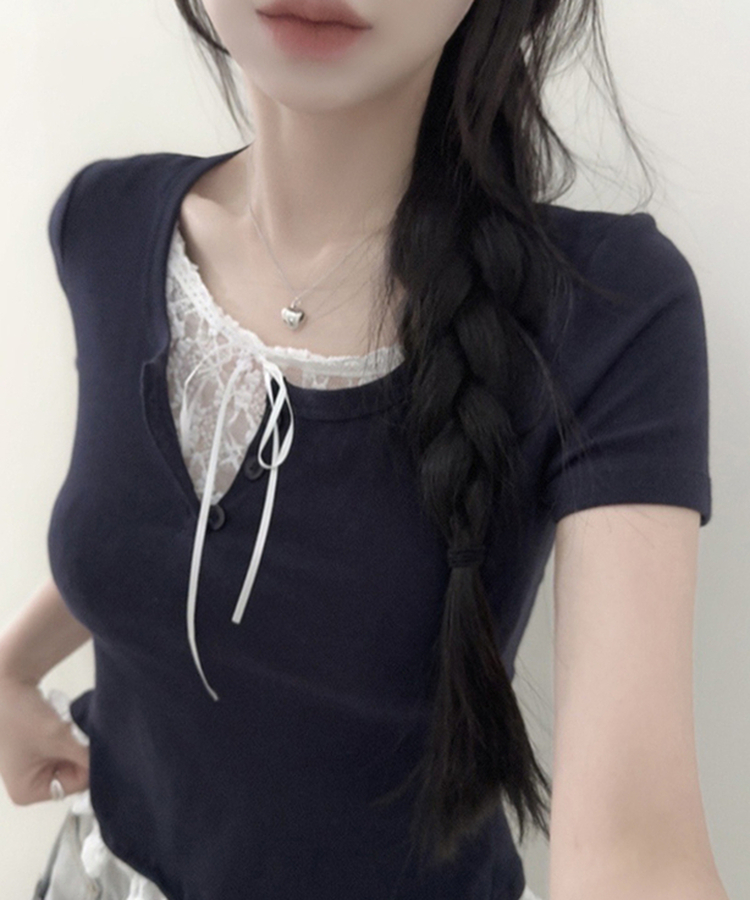 レースリボンレイヤードTシャツ(6color) DARK BLUE