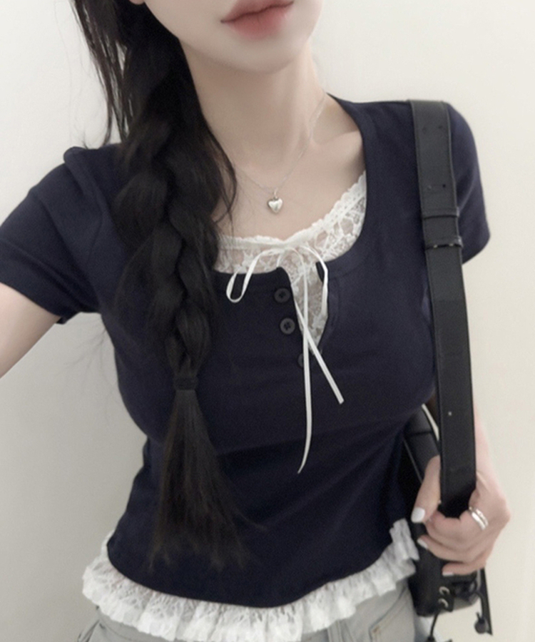 レースリボンレイヤードTシャツ(6color) DARK BLUE