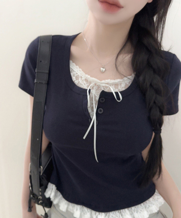 レースリボンレイヤードTシャツ(6color) DARK BLUE