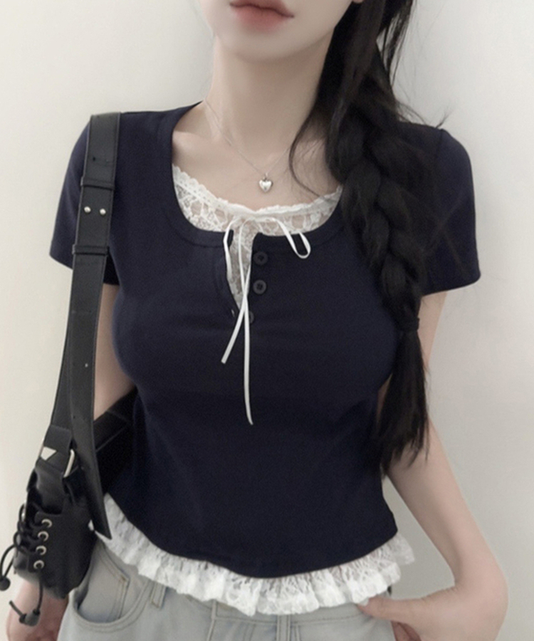 レースリボンレイヤードTシャツ(6color) DARK BLUE